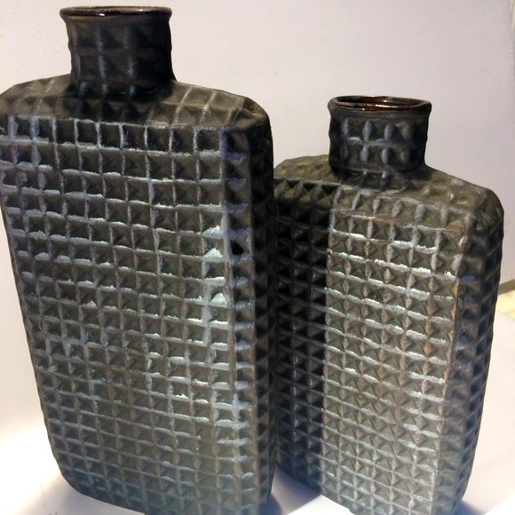 Matching set Pottery Vases Textured Clay over Glass Elements - Picture 1 of 6